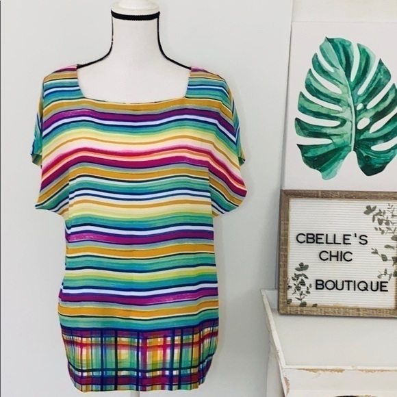 Rachel Zoe Vibrant Multi Stripe Top Sz L - Picture 1 of 11